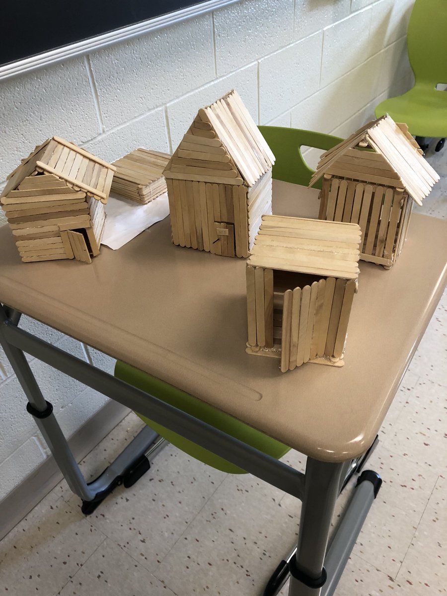 MrsMarlette's tweet photo. Final house products. All stick and brick houses made it through the wind test, but only one straw house survived (pictured by itself). Students also spent the day practicing their English skills by giving a slides presentation of their house-building process. So much fun! https://t.co/yhCAUS13aG
