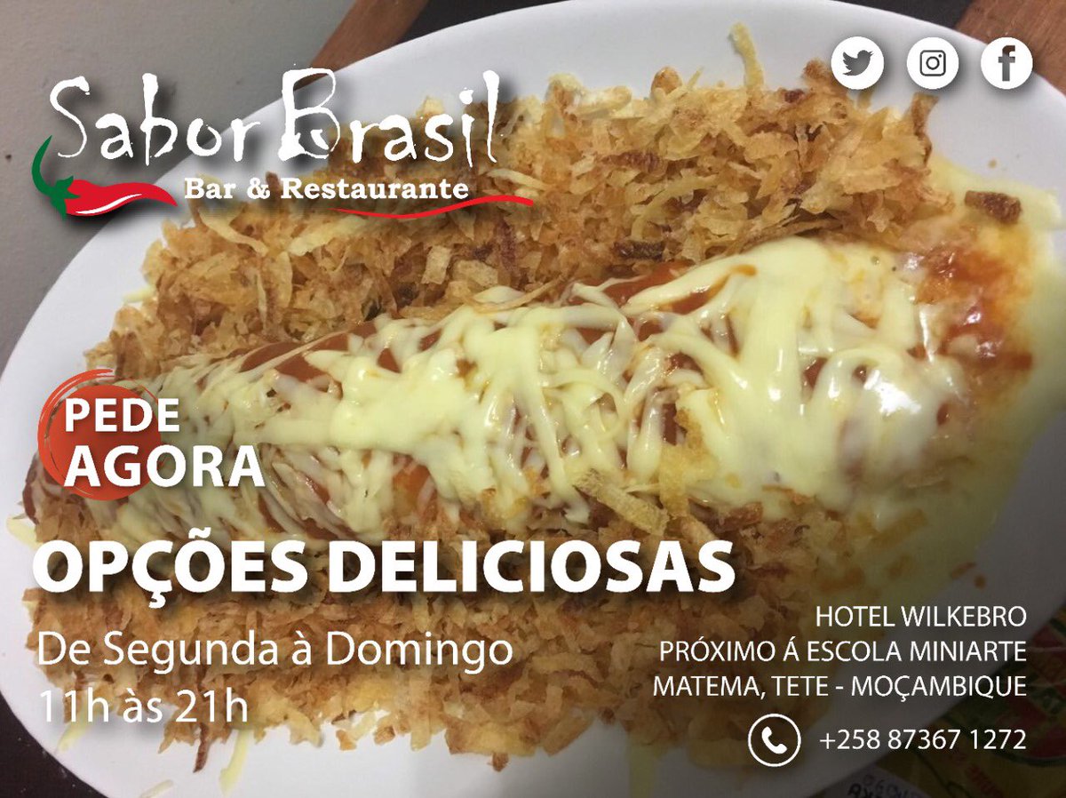 saborbrasilmz's tweet photo. O Sabor Brasil hoje te espera com opções deliciosas. Estamos sempre prontos pra lhe receber!

Pede agora pelo WhatsApp +258 8736 71272 ou venha sentir o Sabor no nosso estabelecimento!
#SaborBrasil #Delivery #Restaurante #Tete #Mocambique #GostinhoBrasileiro https://t.co/ZWEnhM2ge9