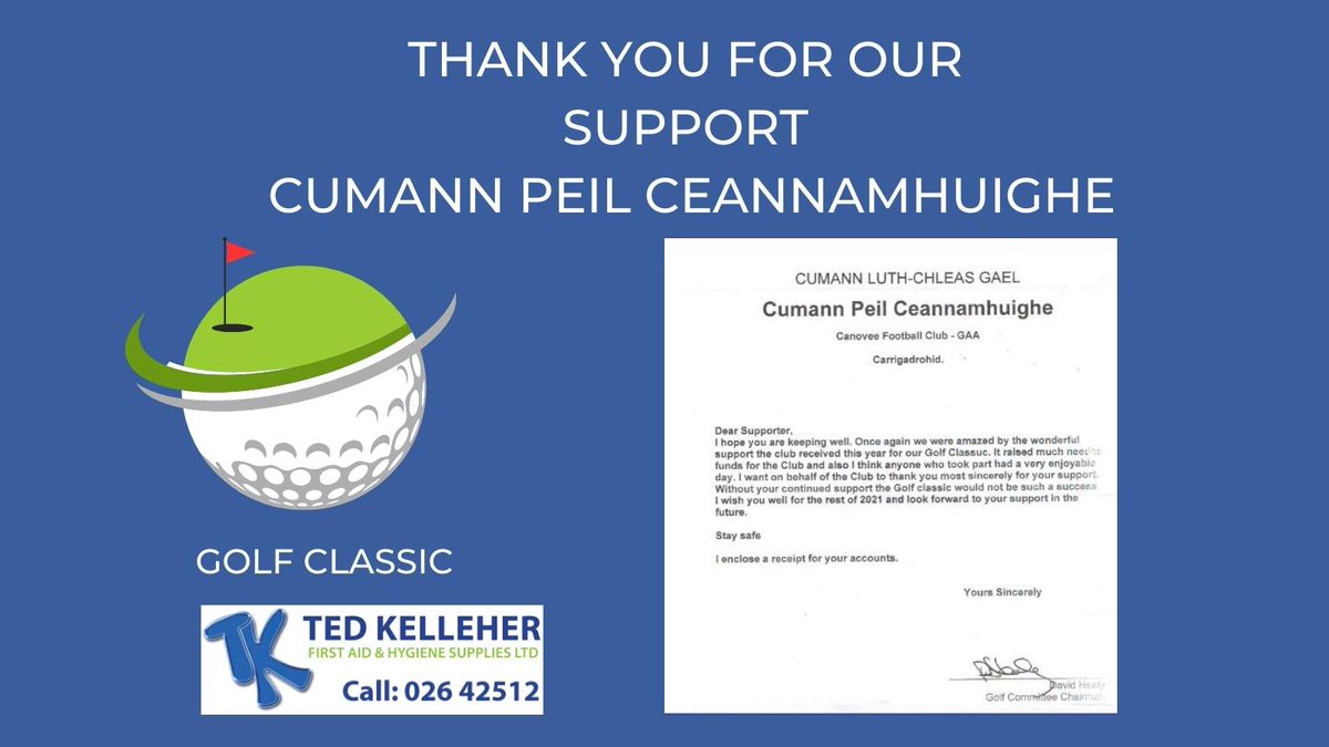 Thank You - We were delighted to receive this thank you for our support of the Cumann Peil Ceannamhuighe Golf  Classic #GAA #carrigadrohid #golf #football