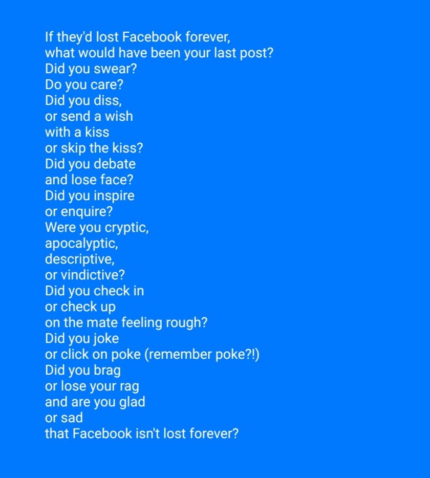 My poem for #TopTweetTuesday @blackboughpoems hosted by @anna_chorlton
#poems #facebook #facebookoutage