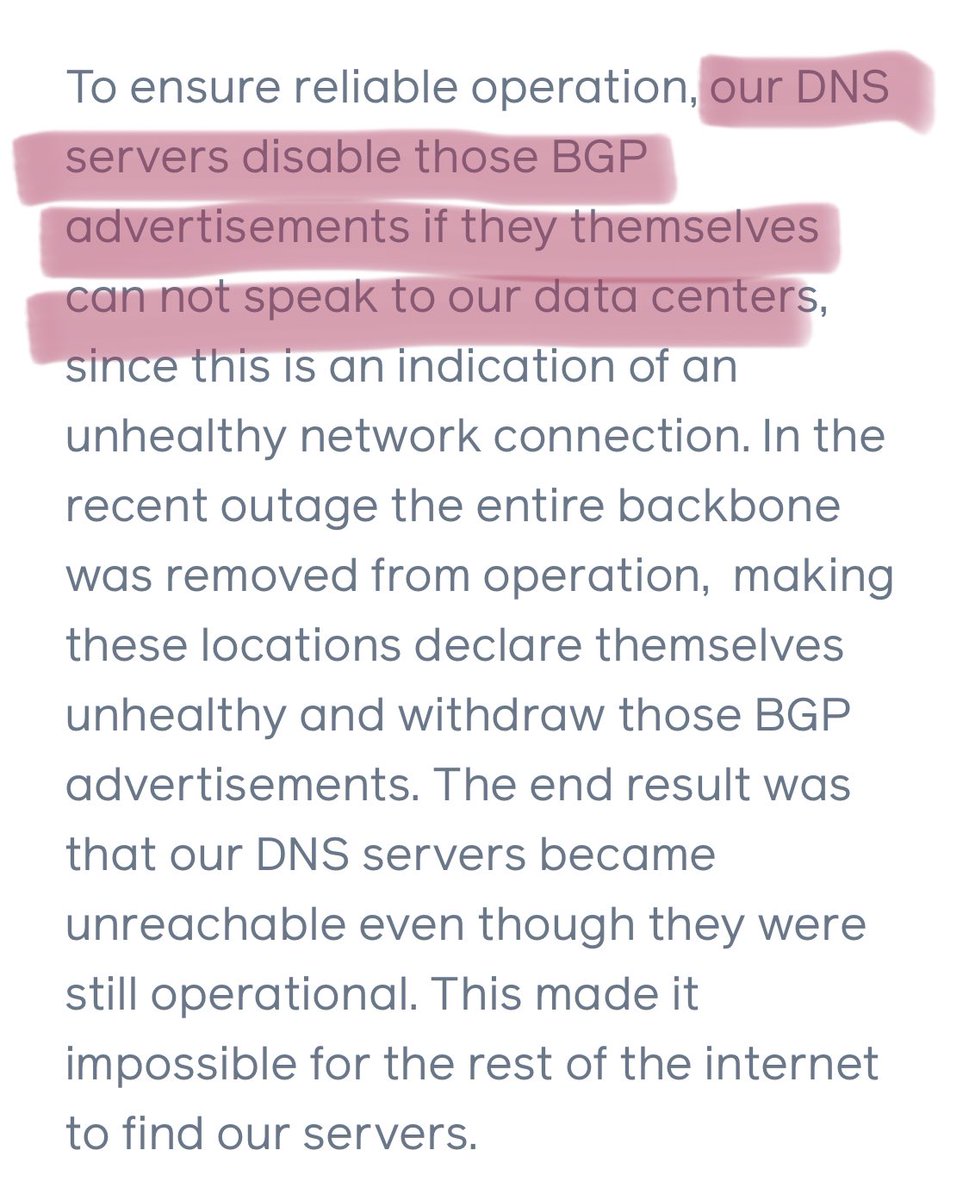 copyconstruct's tweet photo. Tons of more details on the FB outage yesterday. 

Lots of interesting details; especially how they came back online. 

I fully expect an OSDI/SOSP paper in a year or two on chaos experiments that take out the backbone network. https://t.co/q4M1KbtYPk