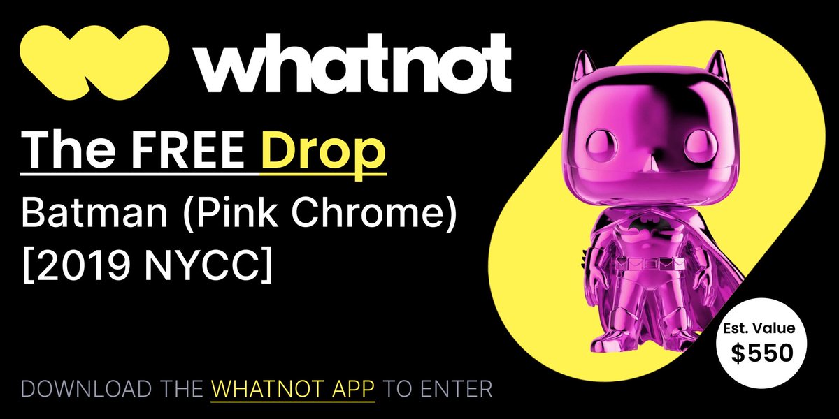 Bent_SWPopLover's tweet photo. You can win a FREE NYCC Pink Chrome Batman Funko Pop (valued at $550) by entering the Drop on the #Whatnot app! The Drop closes on 10/10
My Code: 1972iGmvk5T
#whatnotdrop #giveaway #funko #NYCC https://t.co/IHifu4XwYK
