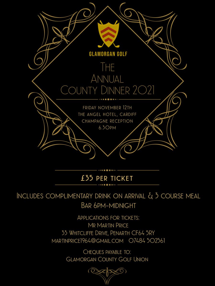 The <a href="/Glamorgan_G_U/">GlamorganGolfUnion</a> Annual County Dinner is now confirmed. A celebration of 2021 will be held at the Angel hotel in Cardiff on Friday 12th Nov. It will be great to see faces old and new. Ticket info below.