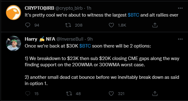 CryptoAcid's tweet photo. Opposing views on $BTC on same feed. Who will take the win? #cryptobirb or #inversebull 👀 Only one can be right. https://t.co/1Be6FnsHM8