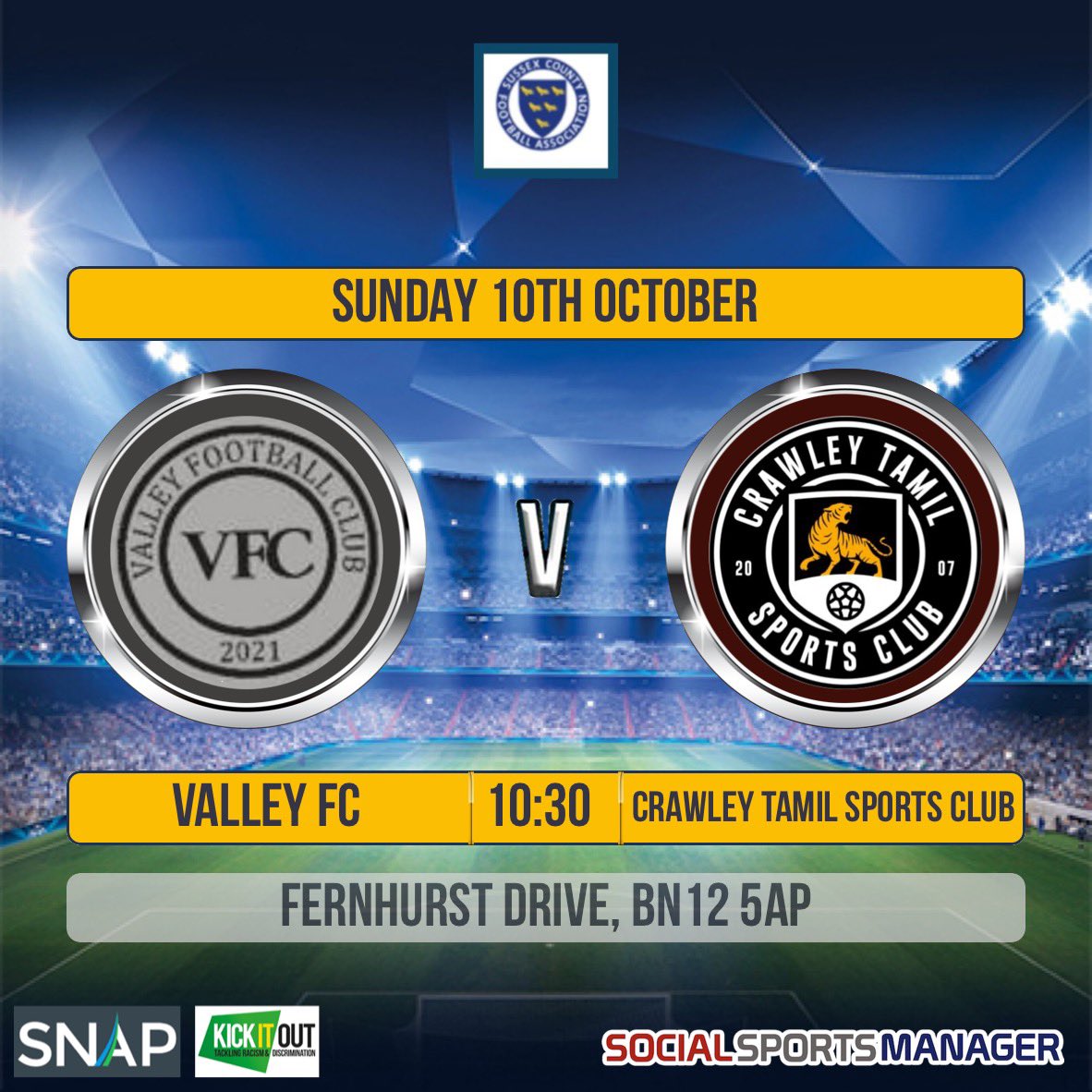 Valley FC in action this weekend hosting <a href="/CrawleyTSC/">CTSC</a> in the first round of the Sussex Sunday Challenge Trophy <a href="/sussexsundayfl/">Sussex Sunday Football League</a> <a href="/WestSussexDSFL/">West Sussex & District Sunday Football League</a>