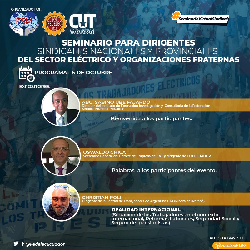 🔸Invitamos a los dirigentes de nuestras filiales y gremios miembros de <a href="/EcuadorCut/">CUT ECUADOR</a> a participar del seminario.

📌Hoy 19:00PM analizaremos el tema de realidad internacional con el expositor:Christian Poli,Dirigente de #CTA Argentina(Ribera del Paraná)

▶️bit.ly/3Fjs7TA