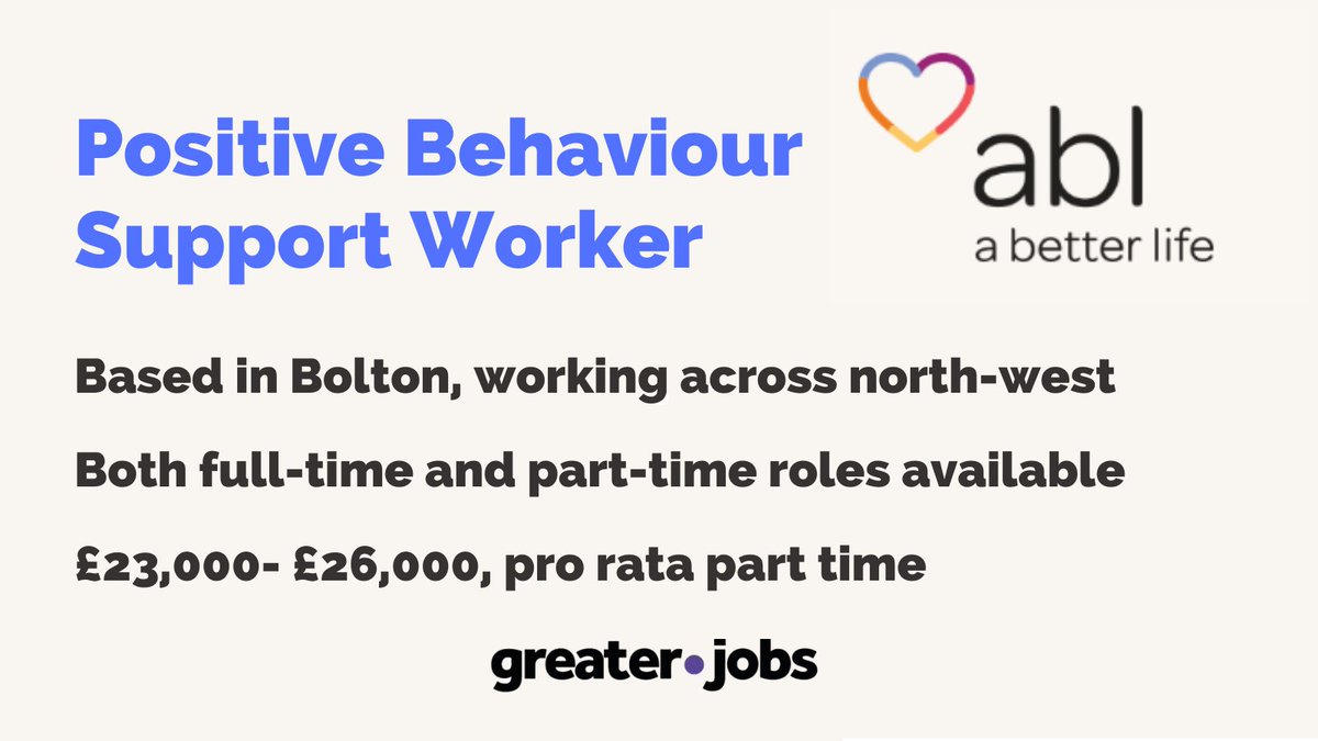 greater_jobs's tweet photo. Do you hold an NVQ2 in Health and Social Care (or equivalent) and are committed to achieving NVQ3?

Brilliant opportunities are available to join @ABLHealth as a Positive Behaviour Support Worker!

Find out more about the role &amp; how to apply: https://t.co/exprhbTf9r https://t.co/MEaCkzG3ob