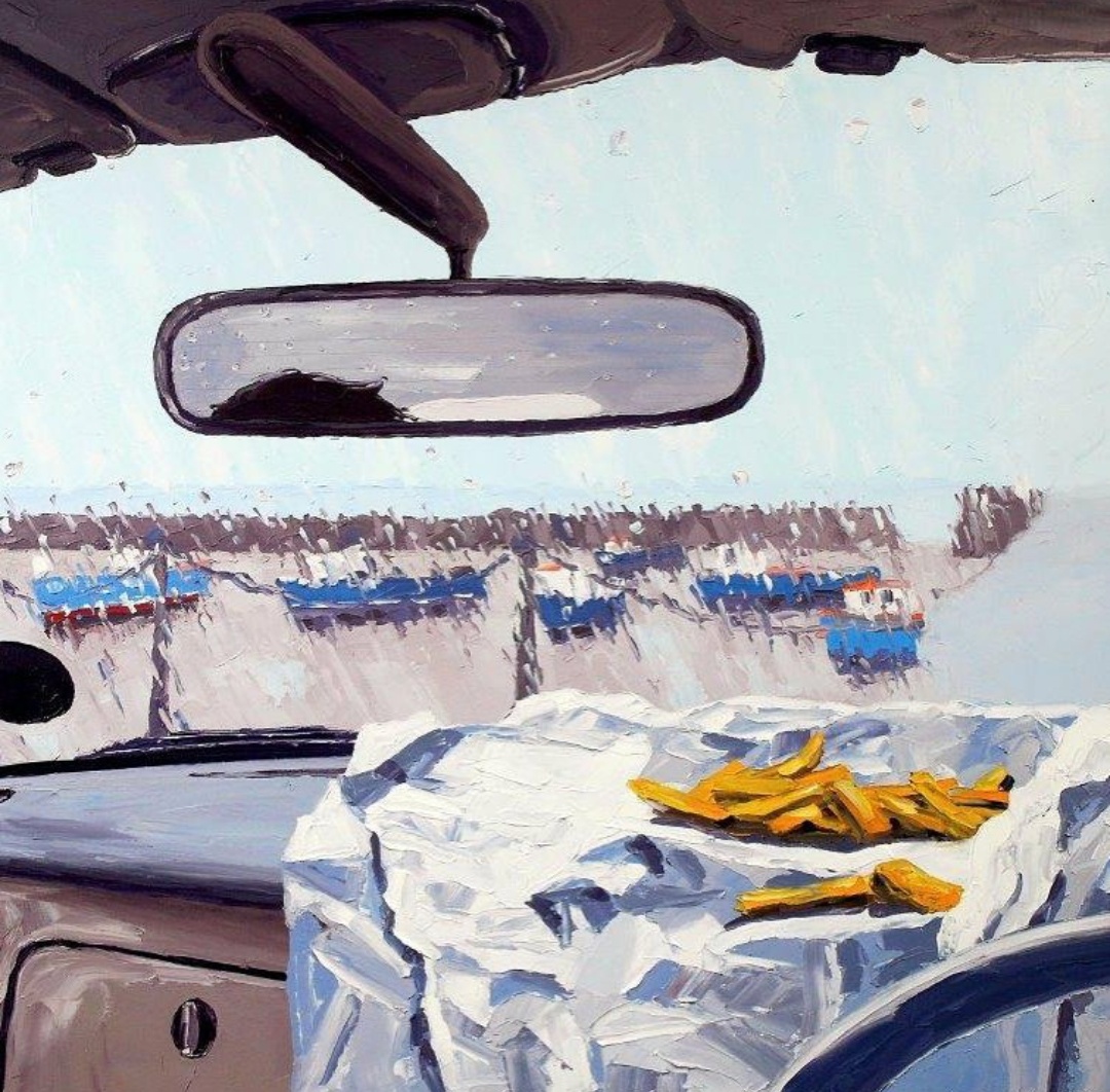 folkelife's tweet photo. It's Fish &amp; Chips in the car type of weather 🌧️

Artwork by @shanerecordpaintings. Learn more about this long-standing local artist and how he's seen #Folkestone change over the 15+ years he's been here: https://t.co/mTK4KYctvi https://t.co/1vz5Rd5sgy