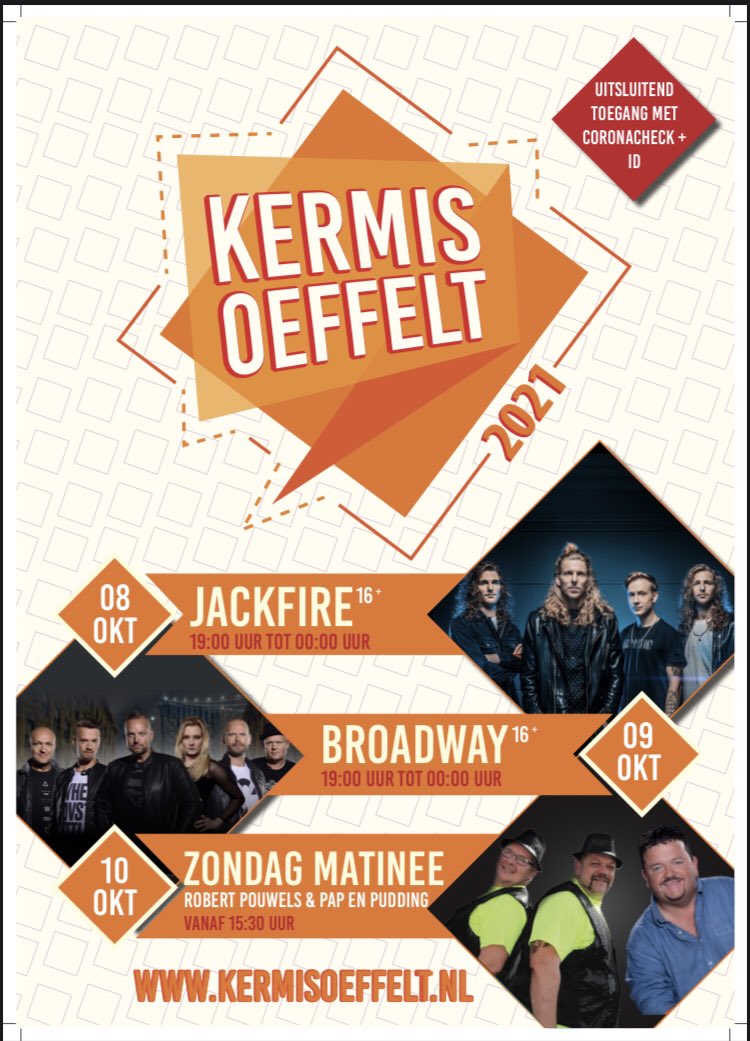 RT en win 1 kaartje voor de topformatie "Jackfire” op vrijdag 8 oktober. Een waanzinnig spektakel voor jong en oud!!

0f RT en win 1 kaartje voor de gezellige zondag matinee met Robert Pouwels &amp; Pap en Pudding!

Kermis Oeffelt 2021, 
de gezelligste kermis van de regio!