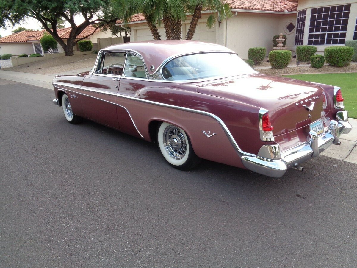 Mercomatic's tweet photo. 1955 #DeSoto #Fireflite #Sportsman 2-Dr HT; 291 cid #Hemi V-8, 4 bbl, 200 hp; 2-speed Powerglide controlled by a dash mounted lever. Fireflite was #DeSoto’s top line. Special “color sweep” two-tone panels were applied to its flanks. Sportsman cars had leather trimmed interiors https://t.co/ZlUpmHre9A