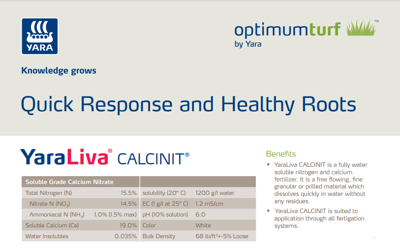 OptimumTurf_YNA's tweet photo. #YaraLiva #CALCINIT is a fully water-soluble calcium nitrate fertilizer suited for application through all fertigation systems. Make YaraLiva CALCINIT part of your #turfgrass fall fertilization plan. Check it out:
https://t.co/yeyeleg8jz #OptimumTurf https://t.co/cXQ9yQgeTx