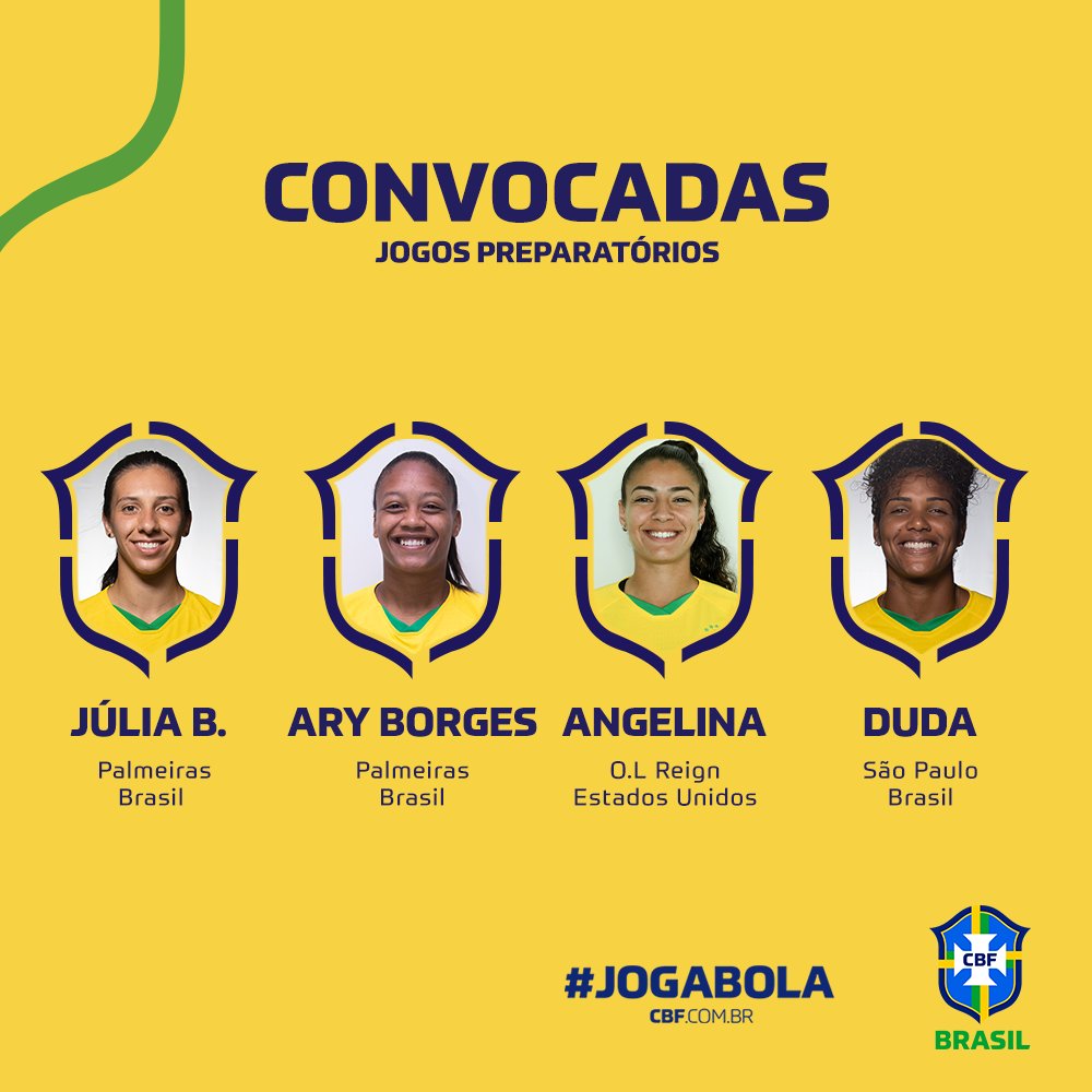 SelecaoFeminina's tweet photo. 📋Convocação das #GuerreirasDoBrasil 🇧🇷 para os jogos preparatórios contra a Austrália. 

MEIAS:
Júlia Bianchi - @Palmeiras_FEM 
Ary Borges - @Palmeiras_FEM 
Angelina - @OLReign 
Duda - @SaoPauloFC https://t.co/1SpqwlI9sw