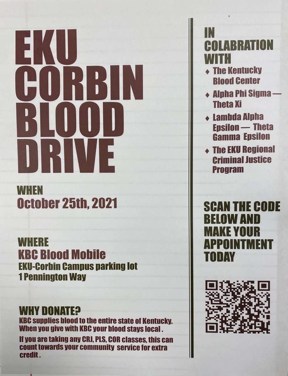 EKUCJRegional's tweet photo. School of Justice Studies at Regional Campuses &amp; Sites, Corbin campus Community Service event, hosted by Hunter Jones @Bassmaster61_ Want to give a little of yourself to make a big difference in someone’s life? Mark your calendar - EKU Blood Drive! https://t.co/CHQiSOIg3G