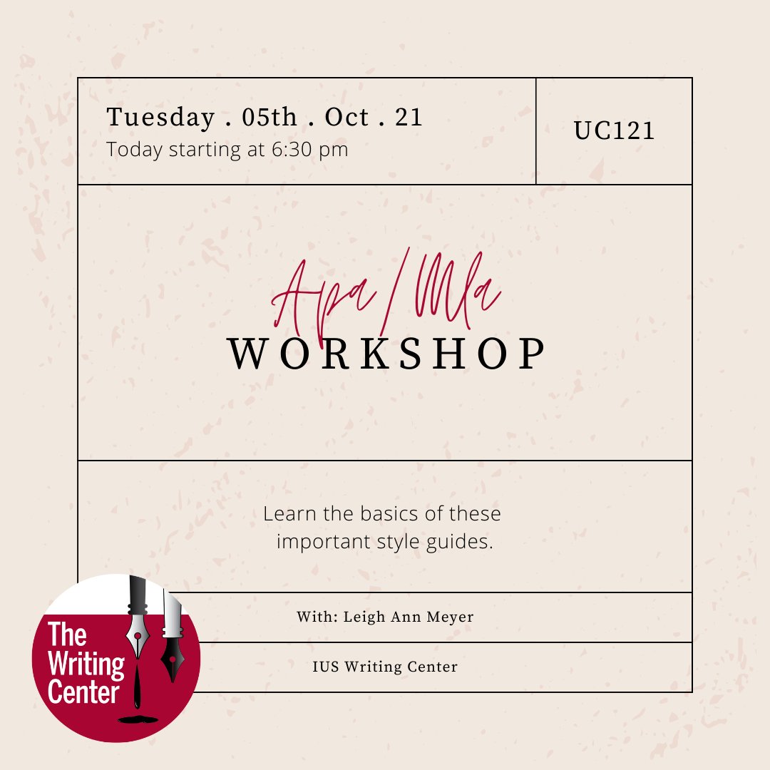 IUSWriting's tweet image. Join us tonight in UC121 for our workshop over APA and MLA formatting!