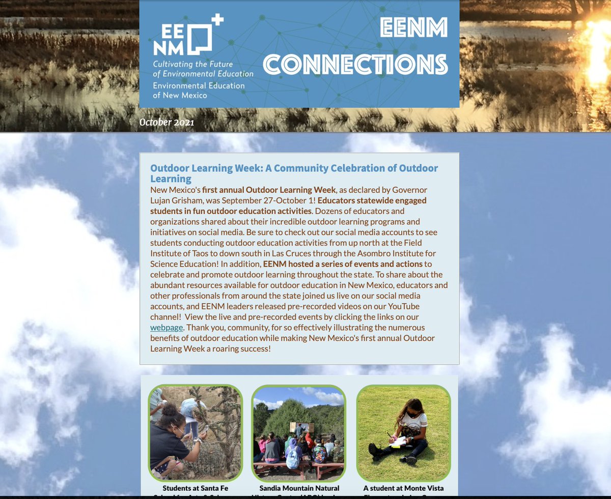 newmexicoee's tweet photo. #ExtraExtra! The latest edition of EENM Connections monthly e-newsletter is online. Be sure to check it out for a recap of #OutdoorLearningWeekNM, learn how you can get involved, and more! Read it on our webpage: https://t.co/XaZUTv5Qfv #newsworthy #newmexico #enviroed #outdoored https://t.co/9zyWVxrYWq