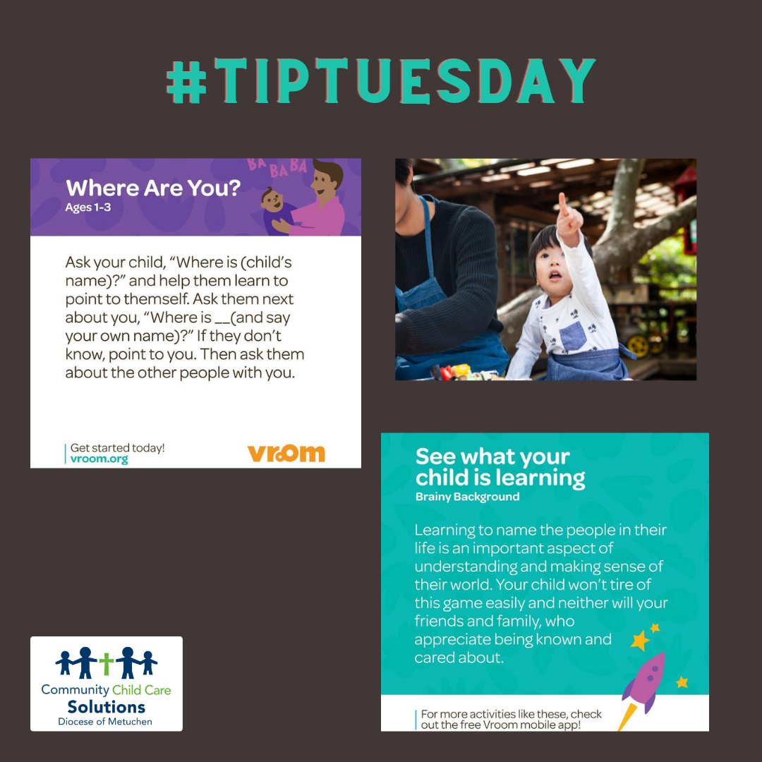 CCCSolution's tweet image. Here is a fun Vroom tip that can be done anywhere. Teaching your child to learn names helps them learn more about their world. 👶🌍
#Vroomtip #parentingtip #earlylearning #brainbuilding #babymoments #playbasedlearning