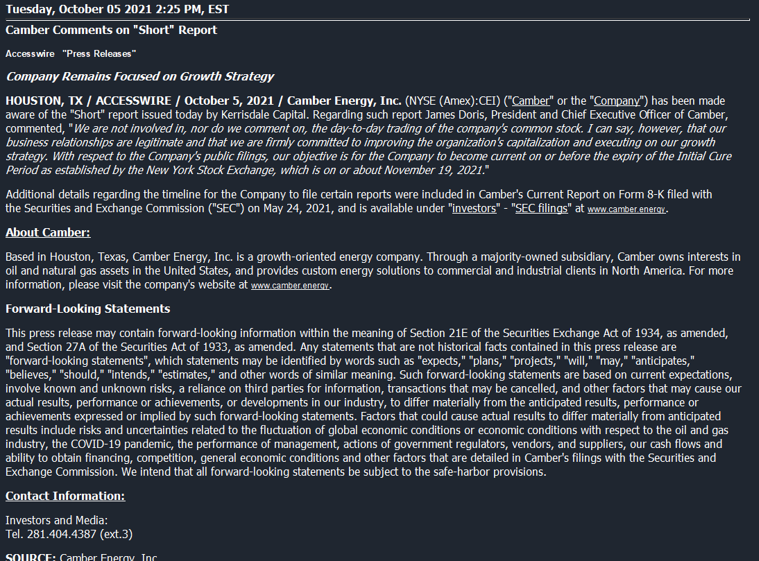 TheBull_Stocks's tweet image. $CEI NEWS OUT: Camber Comments on "Short" Report
Company Remains Focused on Growth Strategy