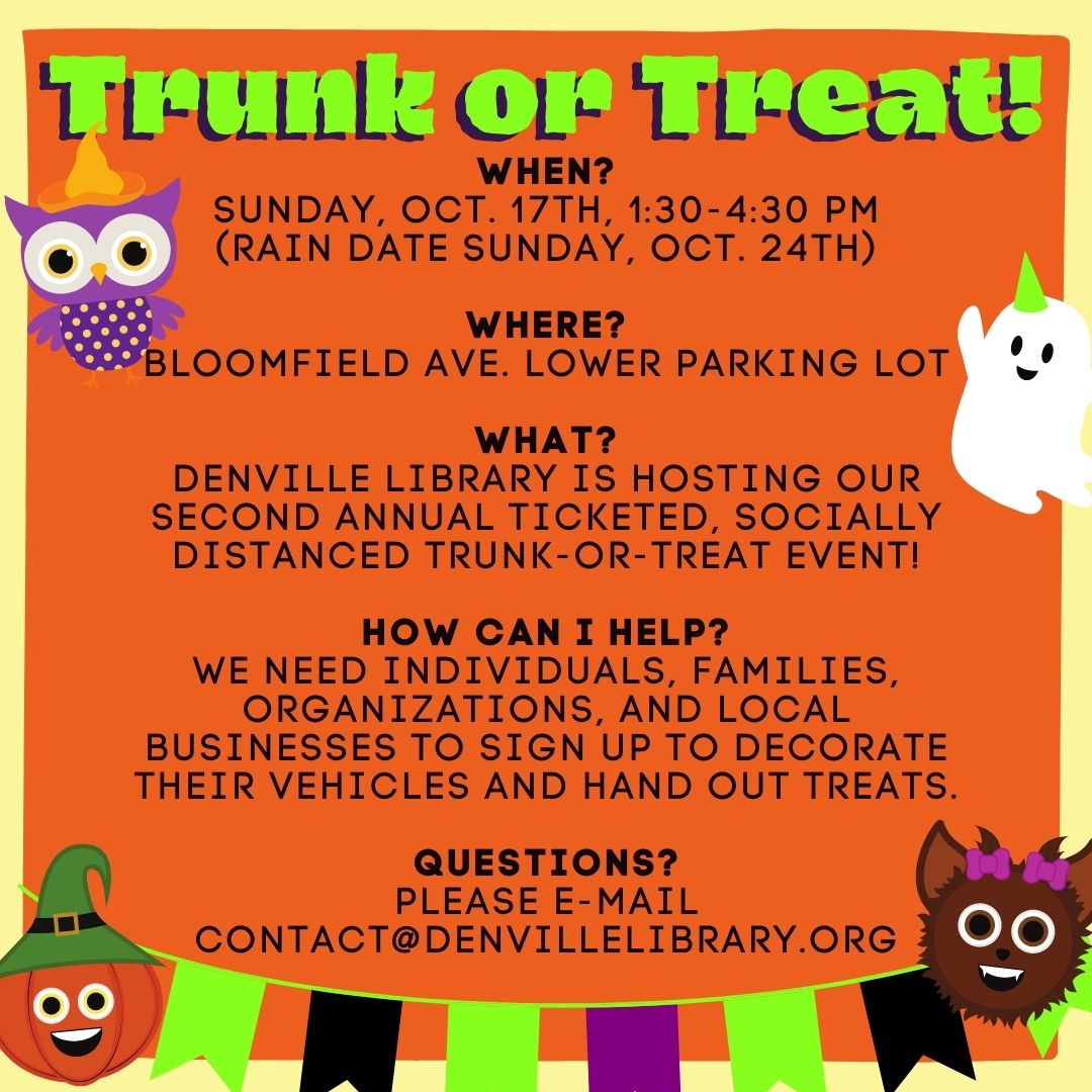 denvillelibrary's tweet photo. Looking for Trunk or Treat help! 🎃https://t.co/H3ppkDHiSl https://t.co/KP2Mnnp9HJ