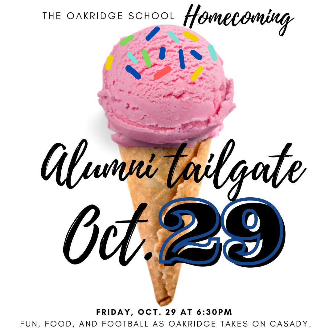 OakridgeAlumni's tweet photo. Join us at the 2021 Homecoming Alumni Tailgate celebration Friday, October 29 on campus at the Oakridge Athletic Complex (OAC). 
ALUMNI TAILGATE RSVP: https://t.co/ZFaQIMZwZZ https://t.co/YBJDwmtQEY