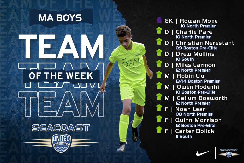 𝐓𝐞𝐚𝐦 𝐎𝐟 𝐓𝐡𝐞 𝐖𝐞𝐞𝐤
 
The Seacoast United Massachusetts Team of the Week is here! Congratulations to all of the standout players from this past weekend’s league action.
 
#WeAreSUSC
#BeTheDifference