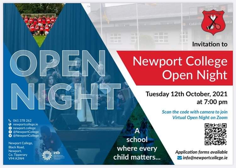 NewportCollege's tweet photo. Invitation to @NewportCollege Virtual Open Night 2021 on Tuesday 12th October at 7pm for 5th and 6th class students. #SaveTheDate #EveryChildMatters @TipperaryETB @NenaghGuardian https://t.co/JGMtbIgynt