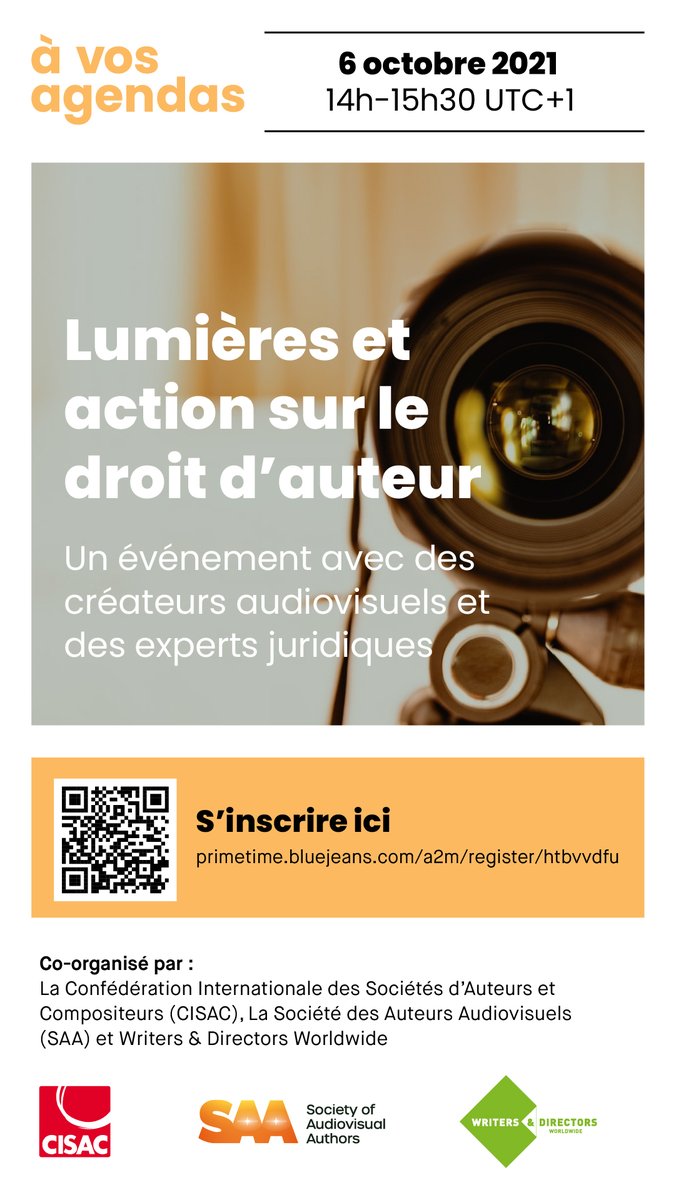 Tomorrow Oct 6th at 2pm CET "Lights and action on authors' royalties" will see audiovisual experts share experiences on why receiving royalties is so important.

The @CISACNews, <a href="/saabrussels/">SAA</a> &amp; <a href="/WADWorldwide/">Writers & Directors</a> event is online and free. Register here: primetime.bluejeans.com/a2m/register/h…