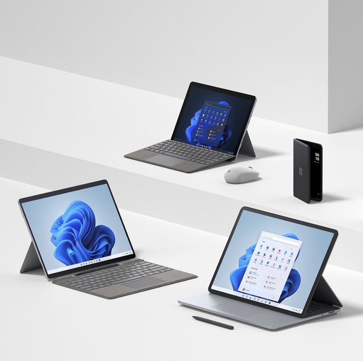 An image of Surface Pro 8, Surface Laptop Studio, Surface Go 3, Surface Duo 2, Surface Slim Pen 2, and Ocean Plastic Mouse. 