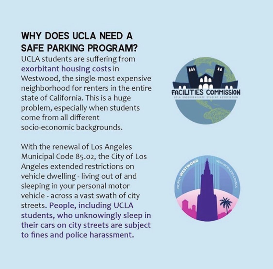 scottforla's tweet image. Westwood is the most expensive rental market in the state of California. 1 in 20 UCLA students are affected by homelessness. 

We need to use all tools at our disposal to address student housing insecurity and Safe Parking can help many students experiencing homelessness.