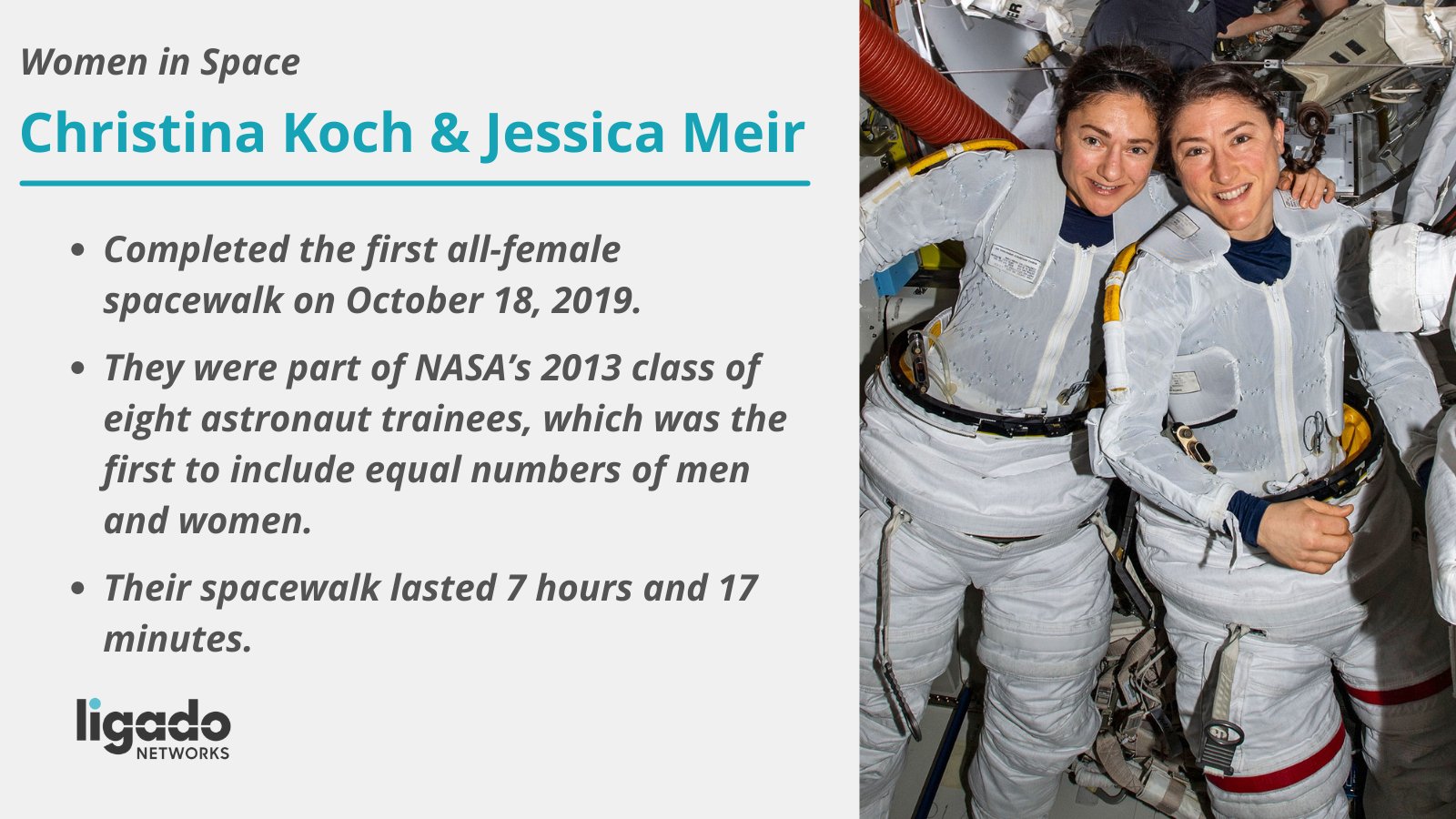 Ligado Networks on Twitter: "Engineer Christina Koch &amp; marine biologist Jessica Meir completed the first all-female spacewalk on October 18, 2019. They were part of @NASA's 2013 class of 8 astronaut trainees,