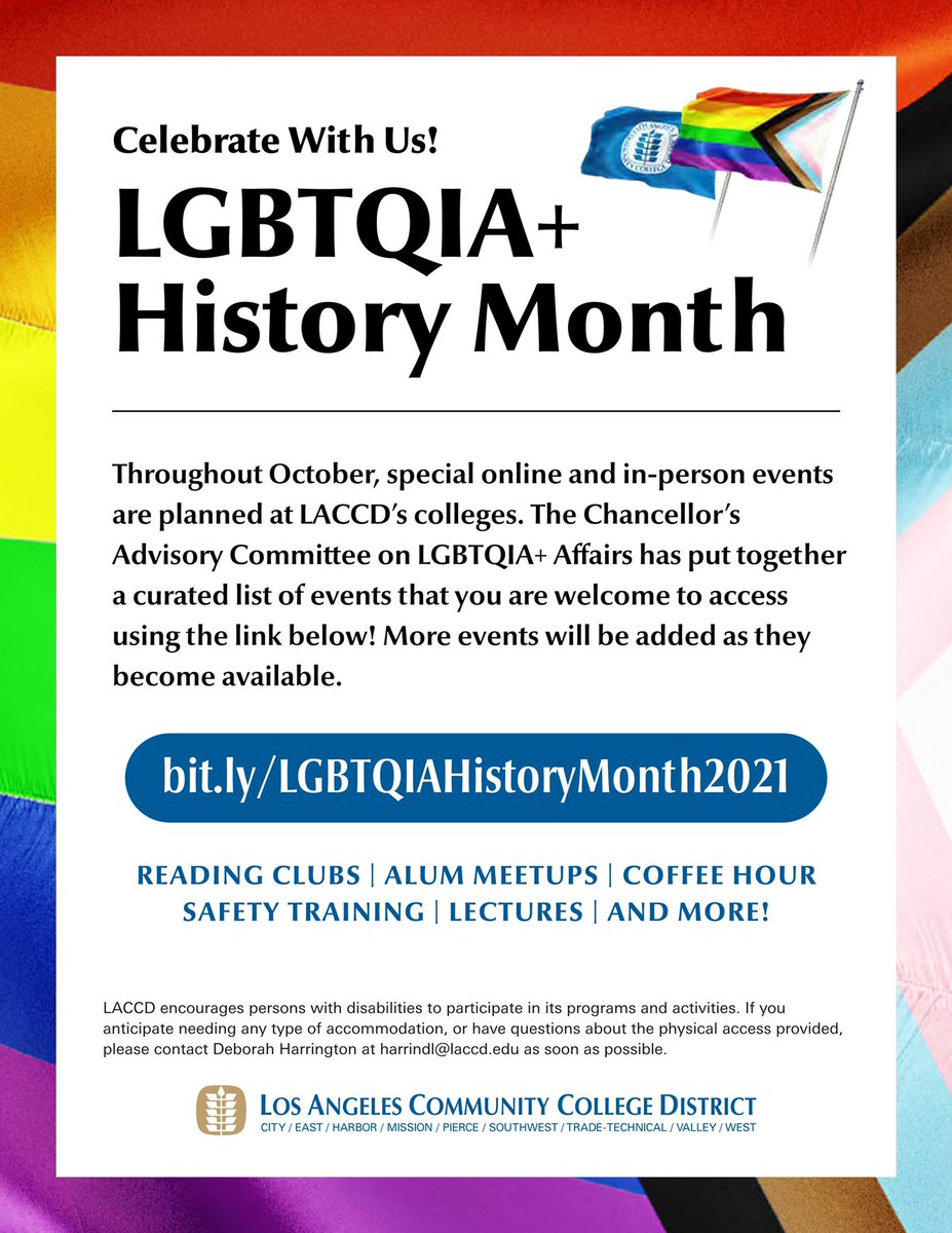 LAVC_WC's tweet photo. LAVC will be holding special online and in person events to celebrate LGBTQIA + History Month!! 🏳️‍🌈Check out the link in the flyer for more info 🤗 https://t.co/0ZiNCsoxhg