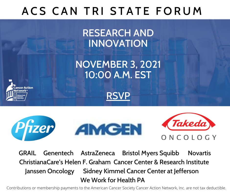 ACSCANPA's tweet photo. Register here today for the free virtual @ACSCAN Tri State Policy Forum taking place Nov 3, 2021 at 10:00am EST. The topic of this year's virtual forum is Research and Innovation: https://t.co/4sZcrwyU9F https://t.co/S9HWWto14Y
