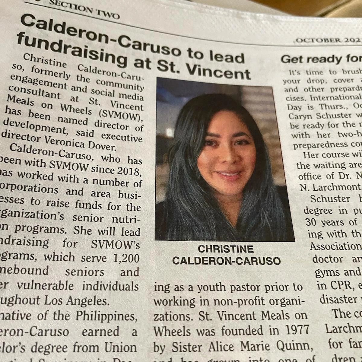 This is an exciting time for us!
Please welcome our new Director of Development Christine! 😇

To learn more about Christine, please check out Larchmont Chronicle's exclusive article about her.

issuu.com/larchmontchron…

#LoveServes #fundraiser #foodislove  #deliveringlove #svmow
