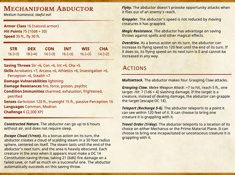 eldritchtophat's tweet photo. #Monstober Day 5 brings us the Mechaniform Abductor: an attempt by the constructs of Mechanus to make those flesh beings a bit more... orderly. Not a complete success! But one that can bring them more experiments, at least.

#dnd #DnD #monster #statblock #steampunk #Mechanus https://t.co/Ba3KLvfqRa