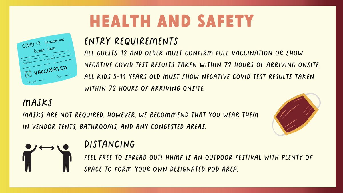Rain or shine this weekend, we are so excited to be back to throwing a festival with you all.
As we get back to live music together, we've been working to ensure the safest possible experience for everyone.
We ask that you please respect the space + choices of those around you.