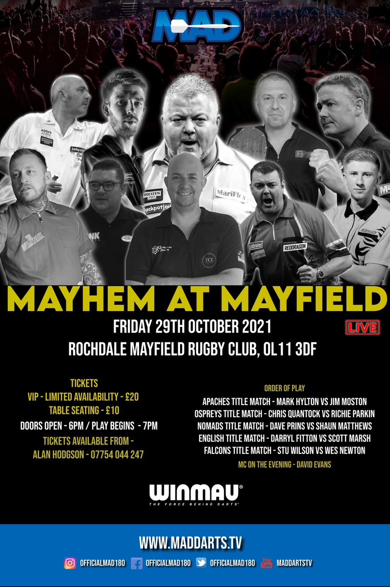 dartscircuit's tweet photo. 🖲 MAD TITLE CHALLENGES 🖲

 ⚡️ Mayhem at Mayfield ⚡️

Friday 29th October
Rochdale Mayfield Rugby Club, OL11 3DF

5 Belts on the line including the English Title!

🥊MAIN EVENT 
🏴󠁧󠁢󠁥󠁮󠁧󠁿 English Title 

Darryl FITTON vs Scott MARSH
(Best of 15) https://t.co/g6C0kmRSyd