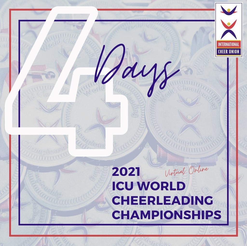 4️⃣ days remaining until the broadcast of the 2021 ICU World Cheerleading Championships! 

Streamed for free at cheerunion.org this coming Saturday &amp; Sunday 9 &amp; 10 Oct 2021. Stay tuned for more information! 

#ICUcheer #Cheerleading #PerformanceCheer #ICUWorlds2021