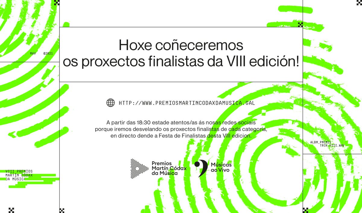 prmartincodax's tweet image. 📅 Hoxe! Coñeceremos os proxectos finalistas de cada categoría desta VIII edición dos #PremiosMartínCódaxDaMúsica
👀 Estade atentos/as ás nosas redes sociais, porque os anunciaremos a partir das 18:30, en directo dende as @BodMartinCodax.
🎶 Que siga a música! #PremiosDaMúsica21