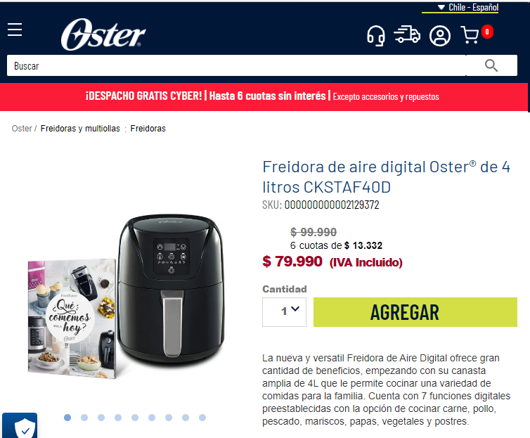 Freidora de aire digital Oster® de 4L CKSTAF40D