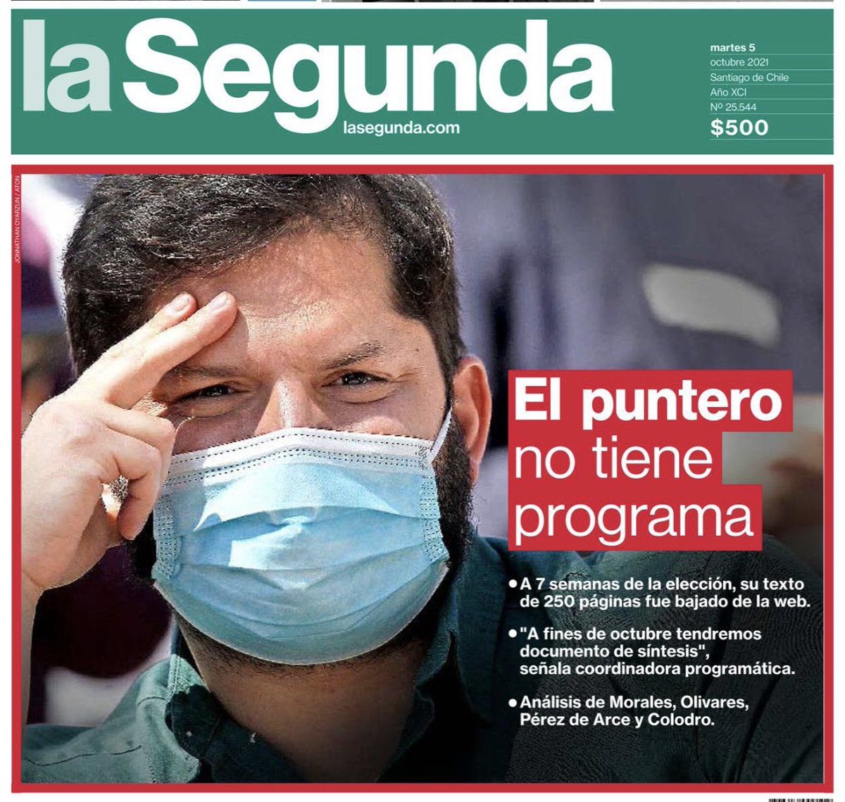 danieljadue's tweet photo. A falta de portada #PandoraPapers, la mentirás sobran. Le proponemos un nuevo titular a La Segunda... “El puntero no tiene programa, del gusto de la derecha”. A no perderse #AprueboDignidad sí tiene programa, es transformador y será participativo! https://t.co/VPdm0jmu8o