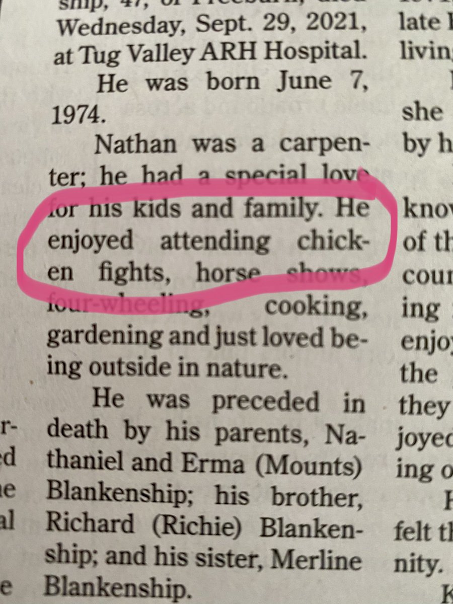 UKWildcatgal's tweet photo. Read this obituary today, and you'd just know he was from up a hollow somewhere in Deliverance, KY, by reading things he enjoyed. I bet all the ladies loved attending those chicken shows on date night 🤦‍♀️🤨😳😠. 

It's illegal, but go ahead and put it in the obituary😂.#BlessHis❤️ https://t.co/VKeNk01tgi