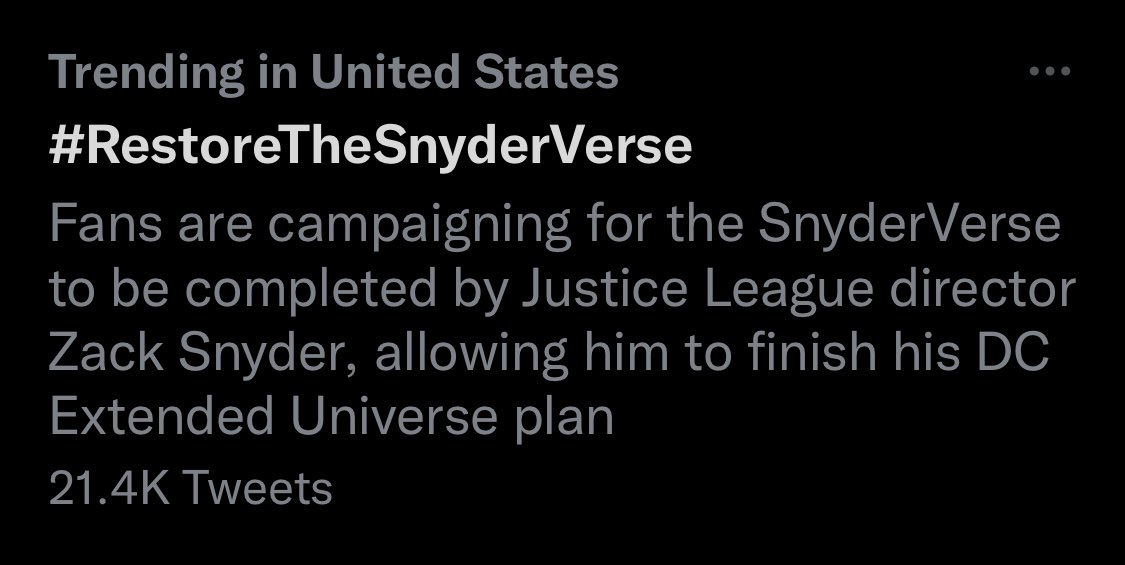 CutHamad's tweet photo. Let me get this straight. This trending event wasn’t planned. It just happened from a 5 second clip of a Warner media executive calling ZSJL a “Global Phenomenon”? And Snyder antis are trying to convince me there’s no demand for the Snyderverse? #RestoreTheSnyderverse https://t.co/1Gz2p647Jd