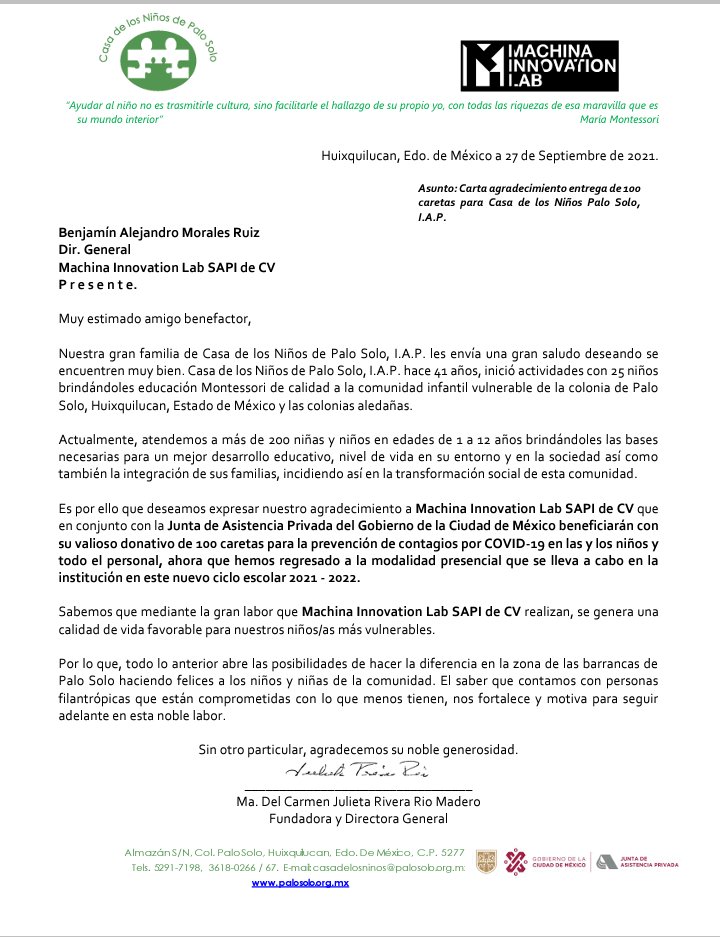 #GraciasPorSuGenerosidad #MachinaInovationLab
 <a href="/JAP_CDMX/">Junta de Asistencia Privada de la Ciudad de México</a> @MachinaInovationLab