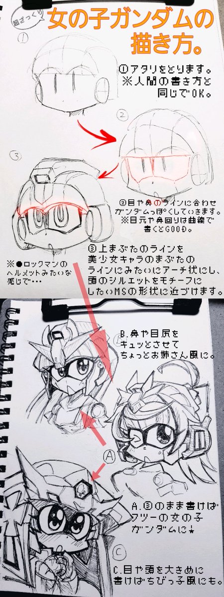 #SDガンダムの描き方
#sirenの落書き帳
自分なりにフィーリングでやってた女の子ガンダムの書き方をまとめてみました!
偉大な先駆者の絵師様のイラストを元に私個人がこんな感じ描いてるのかな?と解釈したもので、普段は大体こんな感じで描いてます
あくまで解釈の一つという事で。 