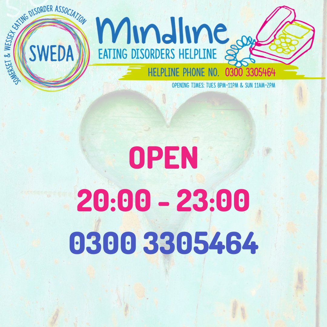 SWEDAUK's tweet photo. Our helpline is open from now until 11pm. Please call us for advice if you, or a loved one has been affected by an eating disorder. Free, impartial, confidential advice #helpline #callusnow #eatingdisorders #mentalhealth #safespace #advice #sweda #mindinsomerset https://t.co/a9w9DVYwNH