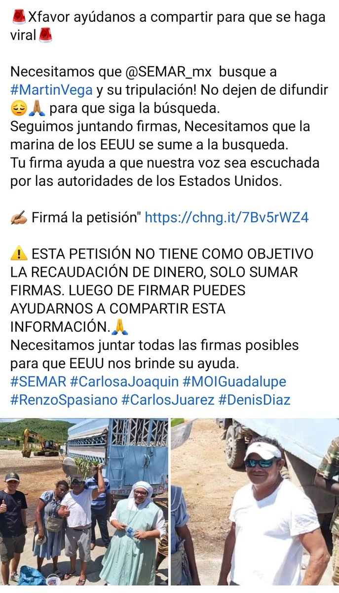 WendyCen7's tweet photo. LUEGO DE FIRMAR PUEDES AYUDARNOS A COMPARTIR ESTA INFORMACIÓN.🙏
Necesitamos juntar todas las firmas posibles para que EEUU nos brinde su ayuda.
#SEMAR #CarlosaJoaquin #MOIGuadalupe #RenzoSpasiano #CarlosJuarez #DenisDiaz https://t.co/ohDqtqCCrp