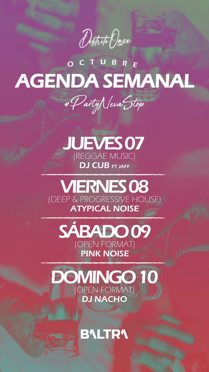 🗓️AGENDA SEMANAL🗓️

JUEVES: <a href="/djcub_/">DJ Cub</a> (REGGAE MUSIC) 
VIERNES: ATYPICAL NOISE (HOUSE)
SÁBADO: PINK NOISE (OPEN FORMAT)
DOMINGO: <a href="/djnacho_cr/">NACHO</a> (OPEN FORMAT)

#PartyNevaStop #DrinkLikeOG