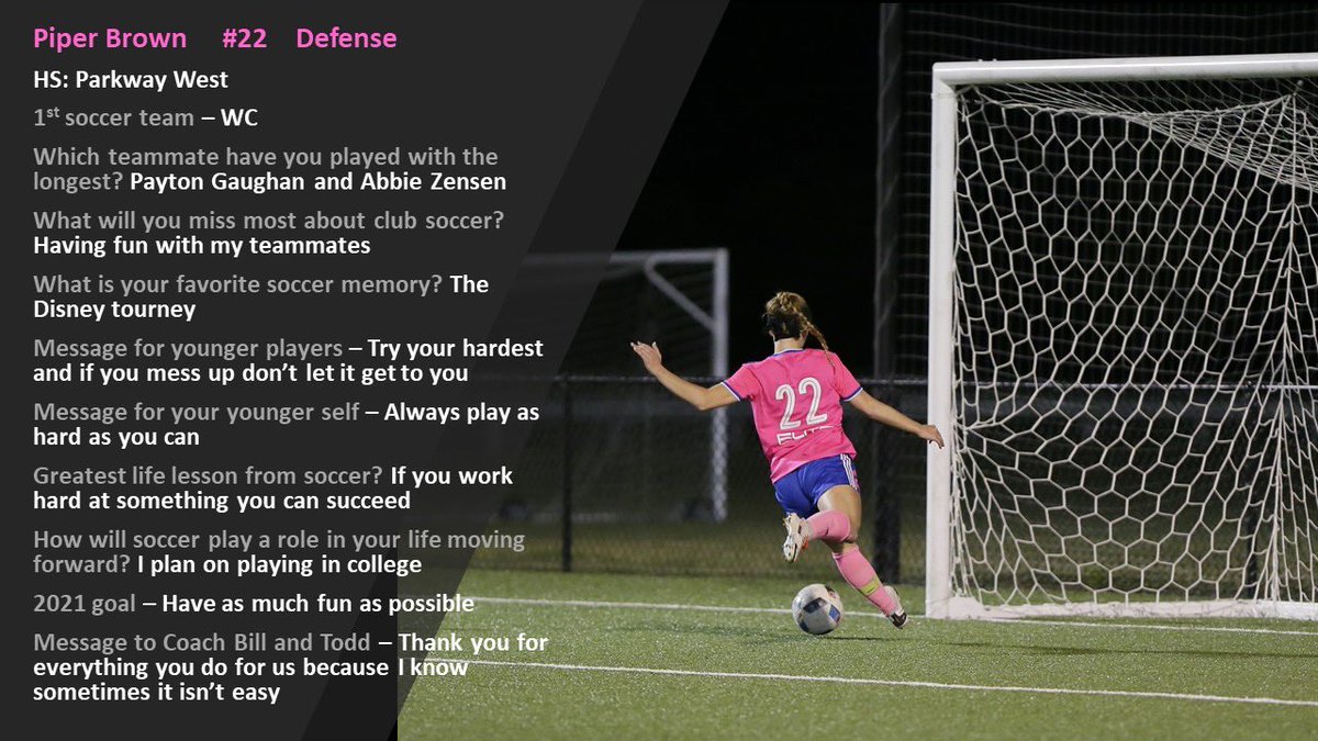 <a href="/piperbrown22/">piper brown</a> is our solid center back and one of our captains. Piper also plays for <a href="/westsoccer/">Parkway West Girls Soccer #HornsUp 🤘🏻</a> where she was recognized last spring with second team all-state honors. 📸<a href="/lightscoutimag1/">Light Scout Images</a>