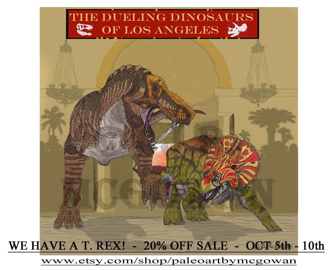 JaredM3_14's tweet photo. #WeHaveATrex #SALE begins!
“The Dueling #Dinosaurs of Los Angeles” available @ $39.20 - $92.00 - depending on size!
https://t.co/IxnVF2nu6A 
#paleoart #printsforsale #etsyseller #etsy #Tyrannosaurus #rex #Tyrannosaurusrex #TrexDay #Jurassic #Cretaceous #nhmla #paleontology #Trex https://t.co/1nuTpIqof3