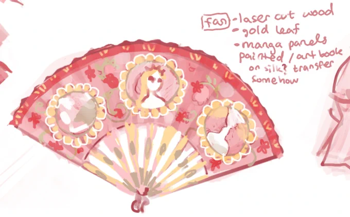 i really wanna go ham on the fan because i can finally use my painting skills for a cosplay huehuei'll be testing a few things, but if i can get access to my local makerspace laser cutter i want to laser cut the spokes in pretty patterns!also the met has a lot of nice fan refs 