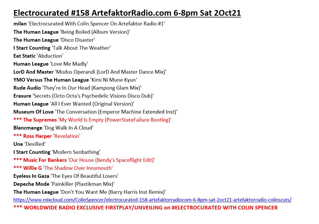 #Electrocurated #158
▶️mixcloud.com/ColinSpencer/e…
featured,
at least,
4 worldwide radio #exclusive firstplays/unveilings
amongst
the self-released artists and output of labels
inc
<a href="/CherryRedGroup/">Cherry Red Records</a>
<a href="/citywallrecords/">City Wall Records</a>
<a href="/MONRecordings/">Middle of Nowhere Recordings</a>
<a href="/MuteUK/">Mute</a>
#Papillon
@ravenwoodmusic
<a href="/skintrecords/">Skint Records</a>
#Virgin